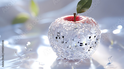 A highly detailed 8K Ultra HD image of an apple made of crystal, filled with musical notes. The scene is intricate, with sparkling clarity and design by yukisakura. photo