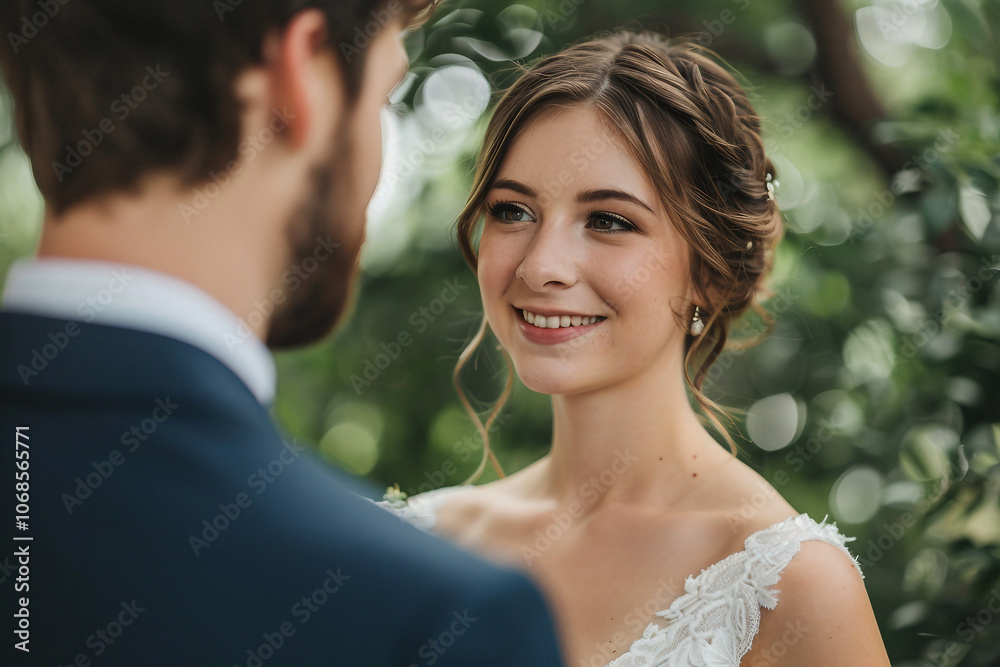 Romantic Wedding Day Portrait of Loving Couple Embracing Floral Bouquets decorated place church, Generative AI