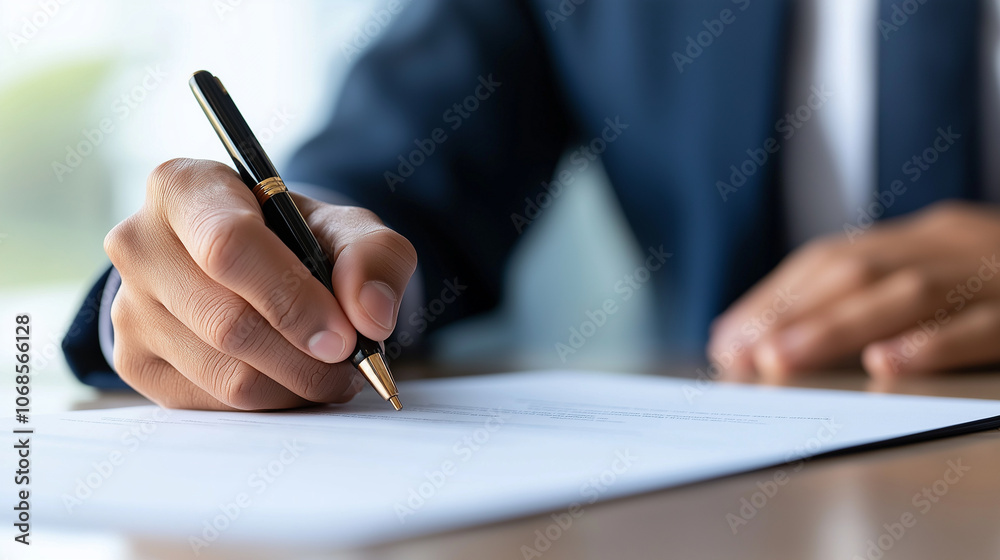 Businessman signing a contract at a desk, handshake with a lawyer in the background, soft lighting with focus on the signature, capturing trust, professionalism, and agreement in l Businessman signing a contract at a desk, handshake with a lawyer in the background, soft lighting with focus on the signature, capturing trust, professionalism, and agreement in l