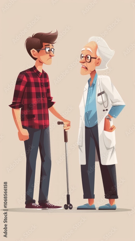 An elderly doctor in a white coat and a young boy in casual clothes have a serious conversation. The image conveys a sense of importance and connection between them. An elderly doctor in a white coat and a young boy in casual clothes have a serious conversation. The image conveys a sense of importance and connection between them.