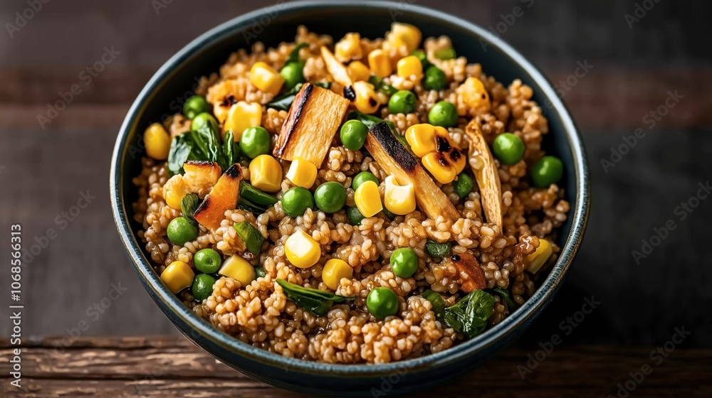 Bowl of cooked wheat berries mixed with grilled corn, green peas, roasted zucchini, and saut꧃攀搀 猀瀀椀渀愀挀栀 昀漀爀 愀 栀攀愀氀琀栀礀 瘀攀最攀琀愀爀椀愀渀 搀椀猀栀�