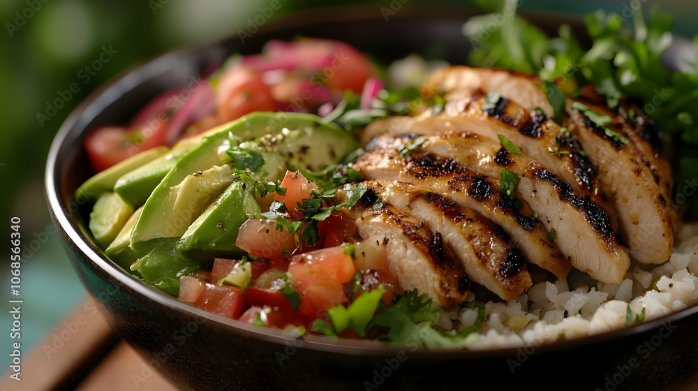 Photo Grilled Chicken Avocado Tomato Rice Bowl Photo Grilled Chicken Avocado Tomato Rice Bowl