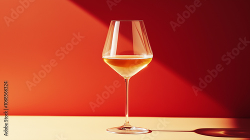 Glass of White Wine on Red Background, Minimalist Still Life