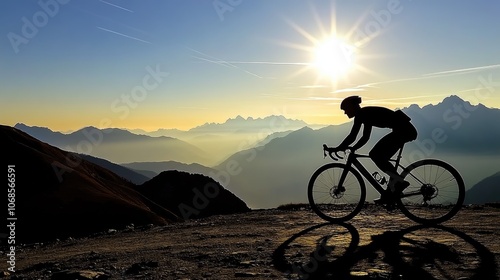 Cyclist Silhouette Against Mountain Sunset Landscape