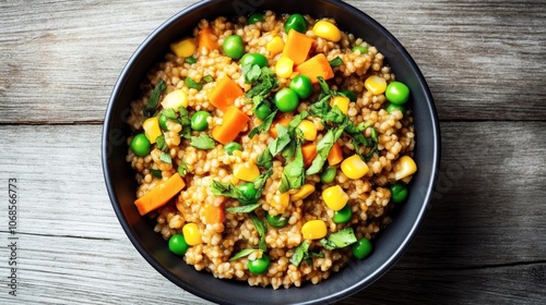 Bowl of cooked couscous with bright vegetables including orange carrots, green peas, yellow corn, and fresh green herbs on a wooden table