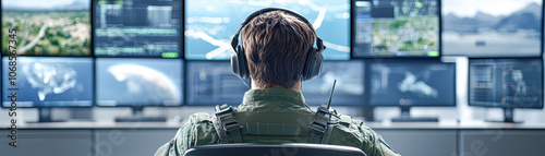 A man in a military uniform sits in front of a computer monitor with several oth photo