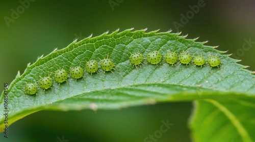 Cluster of Green Insects on Leaf Surface