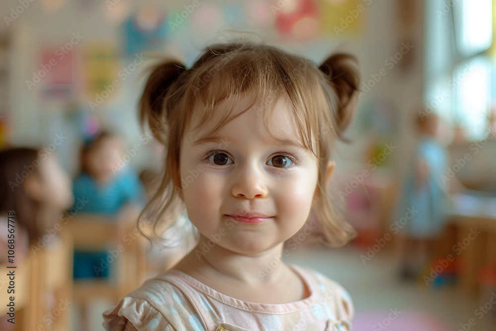 Fototapeta premium Generative AI Image of Adorable Baby in Daycare Setting Engaging with Colorful Toys and Nanny at Home