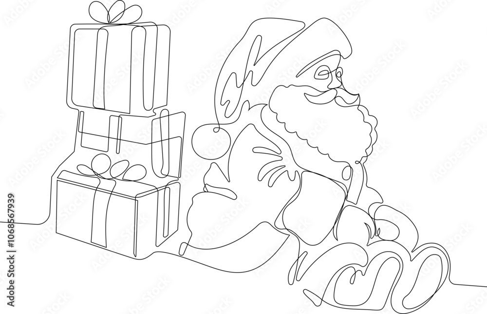 Outlined Cute Santa Claus Cartoon Character With A Sack Full Of Gifts. Vector Hand Drawn Illustration. One continuous line drawing Santa Claus on reindeer and sled. concept for Christmas and New Year Outlined Cute Santa Claus Cartoon Character With A Sack Full Of Gifts. Vector Hand Drawn Illustration. One continuous line drawing Santa Claus on reindeer and sled. concept for Christmas and New Year