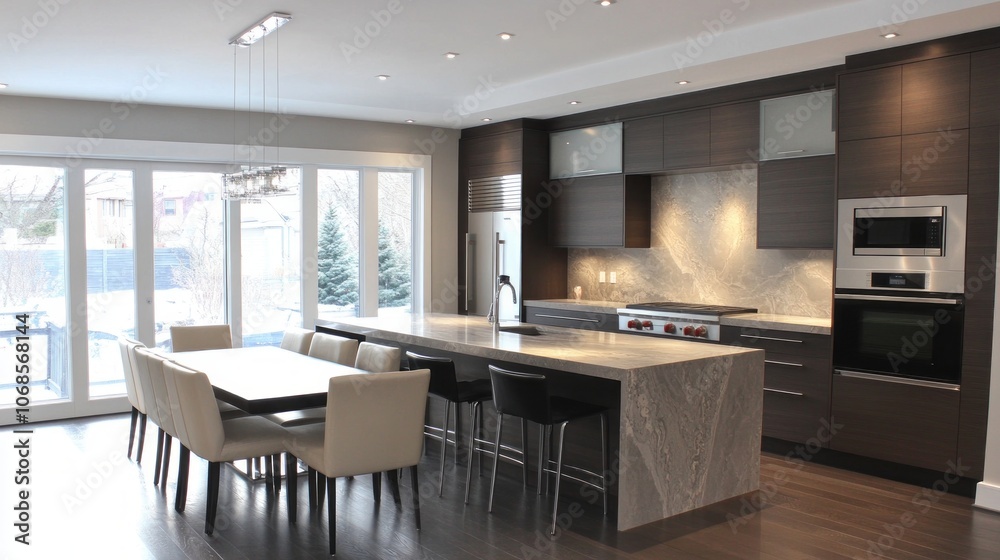 Modern Kitchen with Island and Snowy View Modern Kitchen with Island and Snowy View