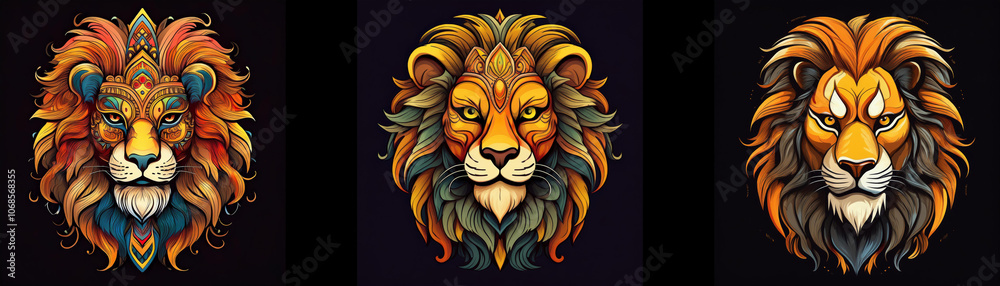 Three lion heads, each with different intricate colorful designs, against a dark background. Three lion heads, each with different intricate colorful designs, against a dark background.