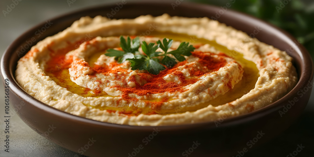 Photo Creamy Hummus with Paprika Olive Oil Parsley Photo Creamy Hummus with Paprika Olive Oil Parsley