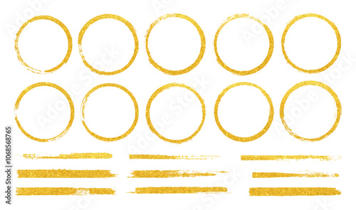 Gold brush round frames and brushstrokes. Vector luxury background. Golden paint stamp element. Glitter border set. Premium sparkle texture collection. Hand drawn sequin bg. Abstract Christmas decor