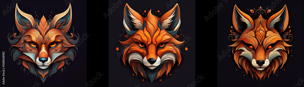 Naklejka premium Three stylized fox heads with different patterns, on a black background.