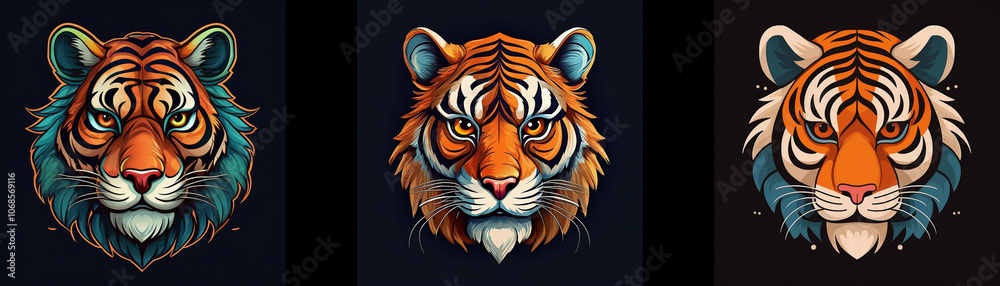 Three tiger faces are shown, with different colored stripes and fur. Three tiger faces are shown, with different colored stripes and fur.