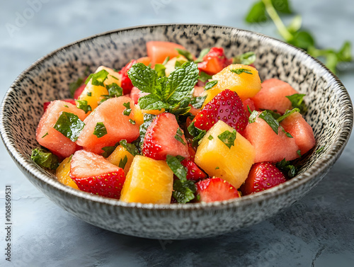 Photo Fresh Fruit Salad Strawberry Watermelon Cantaloupe Mint