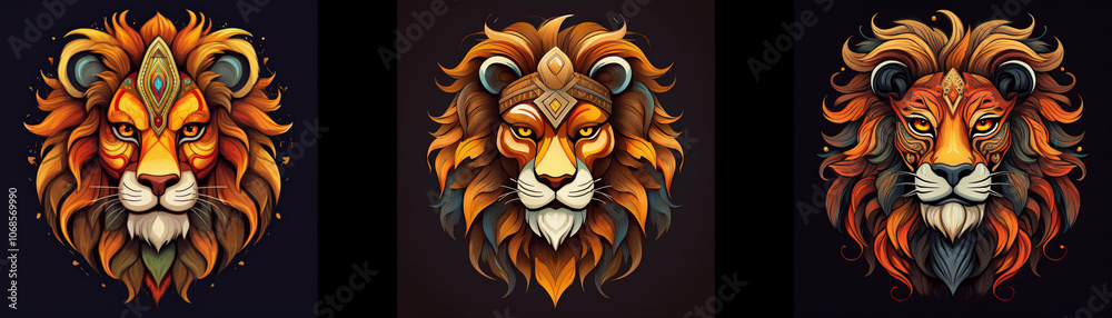 Obraz premium Three stylized lion heads in a row with a black background, each with a different color scheme.