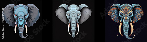 Three elephant heads, one with intricate patterns on its face and ears, the others with a more realistic look. photo