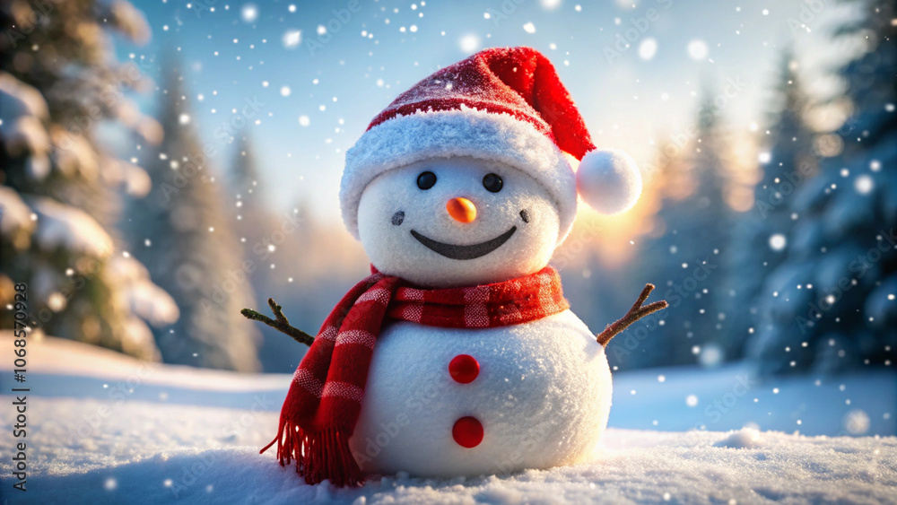 Obraz premium Happy snowman with red scarf and hat in snowy landscape.