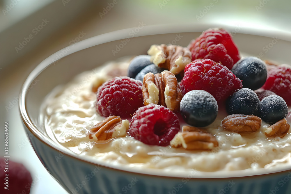Photo Oatmeal Raspberry Blueberry Pecan Honey Breakfast Healthy Food Photo Oatmeal Raspberry Blueberry Pecan Honey Breakfast Healthy Food