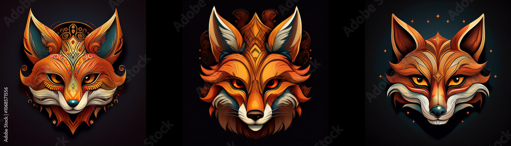 Three fox heads are depicted in the image, each with unique details and intricate designs. The foxes have a bold, stylized look, and their faces are filled with a sense of confidence and intrigue. Three fox heads are depicted in the image, each with unique details and intricate designs. The foxes have a bold, stylized look, and their faces are filled with a sense of confidence and intrigue.