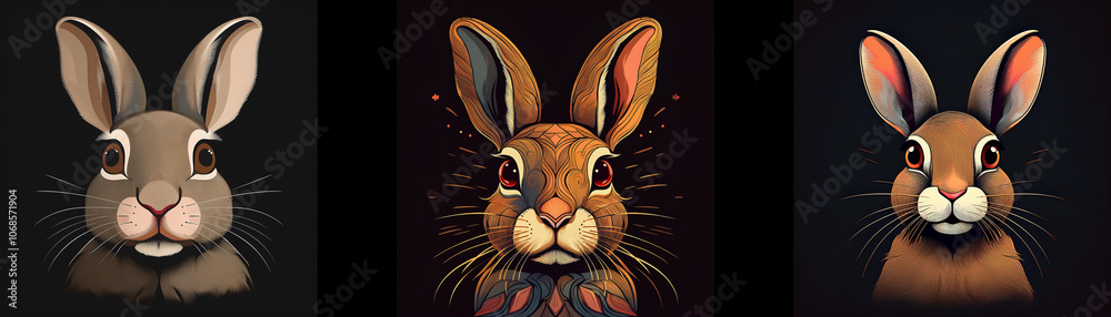 Fototapeta premium Three rabbits in a row, each with different fur color, looking directly at the viewer.