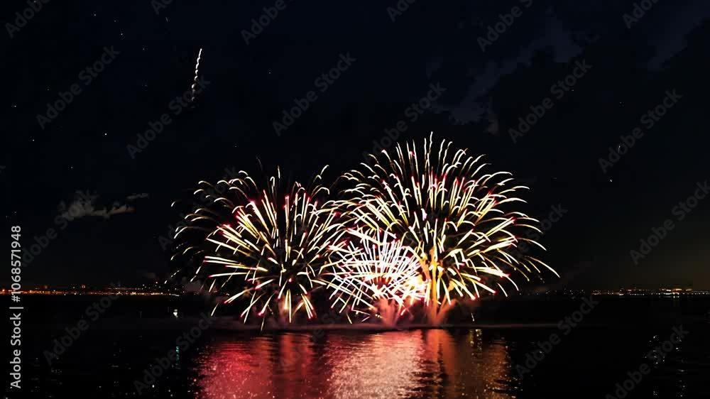 Dramatic low-key video panning left across fireworks exploding over water, with shimmering reflections