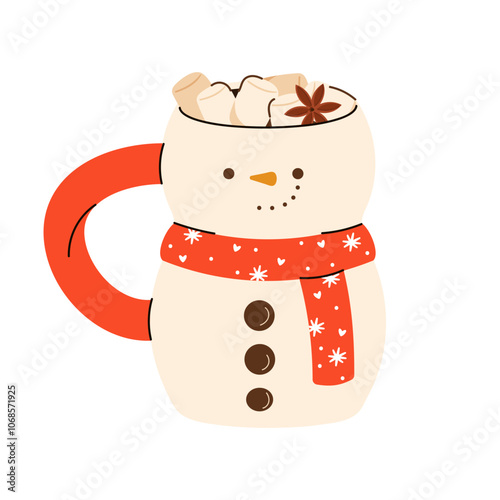 Cute Christmas Mugs in shape of snowman, with cacao, whipped cream, marshmallow and candy cane. Seasonal flavored products, cards for New Year or winter holidays. Vector flat illustration 