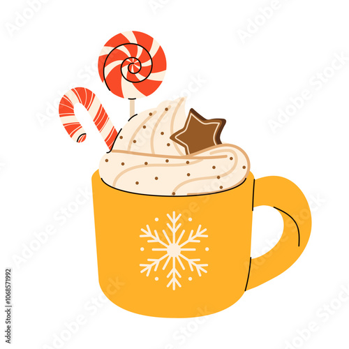 Cute Christmas Mugs with cacao, whipped cream, marshmallow, gingerbread and candy cane. Seasonal flavored products, cards for New Year or winter holidays. Vector flat illustration 