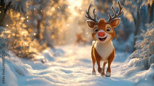 festive rudolph the red-nosed reindeer playfully prances through a snowy winter forest, surrounded by frosty trees, evoking a sense of joy and holiday spirit in a magical setting