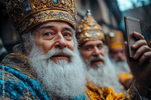 Elderly wise men in royal costumes with ornate crowns taking a selfie photo