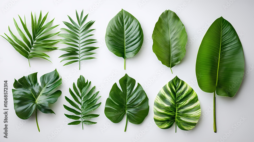 Tropical leaves on a white background, realistic studio photo Tropical leaves on a white background, realistic studio photo