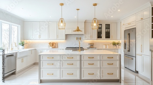 Modern White Kitchen with Gold Accents and Island