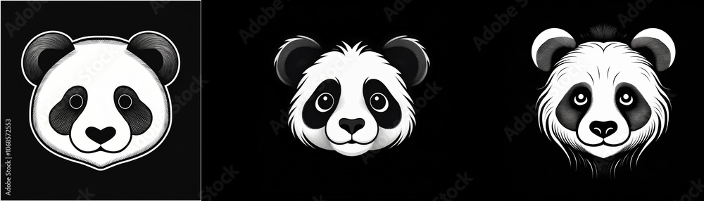 Three panda bear faces, each with different facial expressions, are shown against a black background. Three panda bear faces, each with different facial expressions, are shown against a black background.