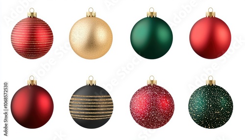 a collection of colorful Christmas ornaments, shiny baubles in red, gold, and green, festive sparkle, isolated on white background