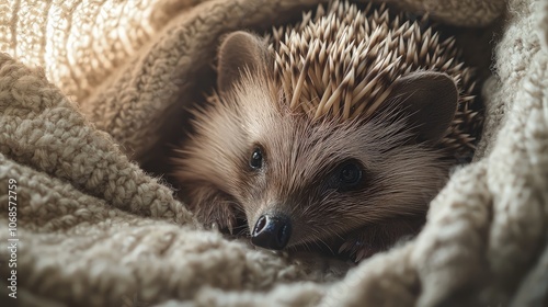 A small hedgehog curled up in a cozy blanket. photo