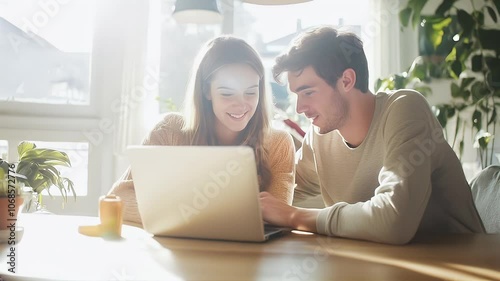 A young couple smiles and browses the internet on their laptop, enjoying a moment together at home