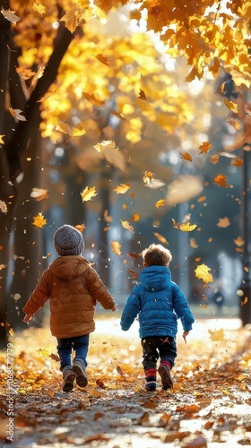 Children Playing Among Maple Leaves in a Park