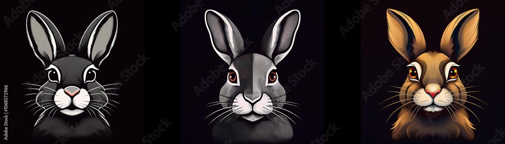 Three rabbits with different fur colors looking directly at the viewer. Three rabbits with different fur colors looking directly at the viewer.