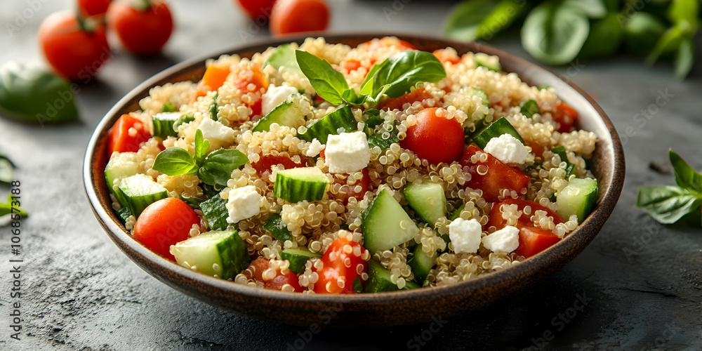 Photo Quinoa Salad with Cucumber, Tomatoes, Feta, Basil