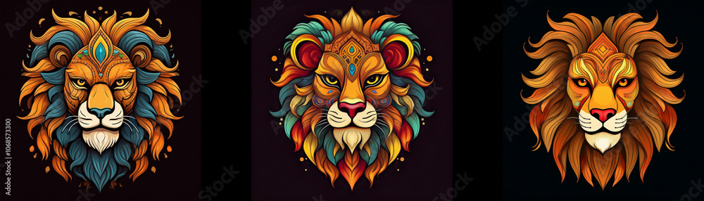 Three colorful lion heads with detailed fur and intricate designs. Three colorful lion heads with detailed fur and intricate designs.