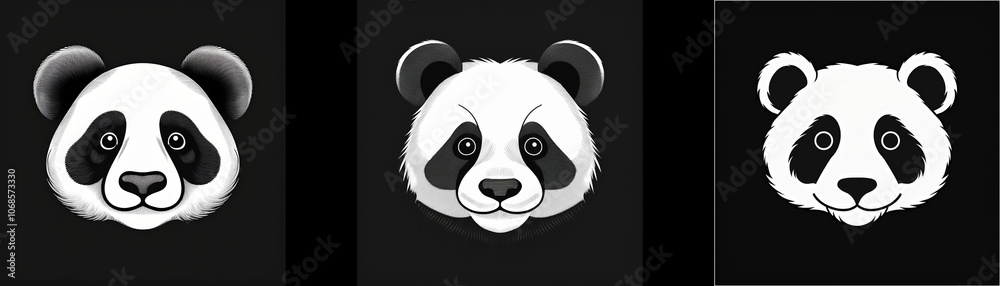 Fototapeta premium Three panda bear faces are depicted, each with different shaded fur.