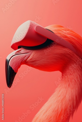 Flamboyant flamingo in profile portrait with VR headset photo