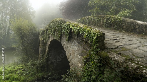 A stone arch bridge covered in ivy and moss, leading to a misty forest.
