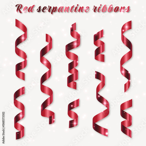 Red streamers. Red shiny serpantine ribbons. Confetti. New year decoration on light background.