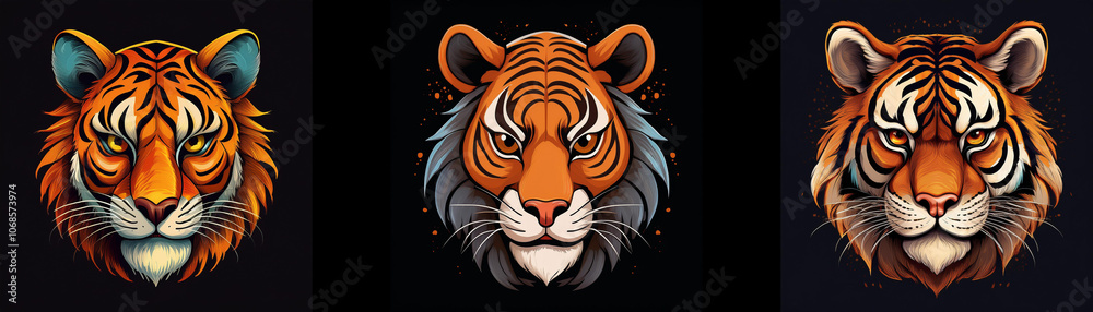 Three tiger heads are displayed with a black background. Three tiger heads are displayed with a black background.