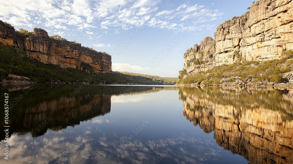 A tranquil lake reflects the towering cliffs and a partly cloudy sky on a calm day. A tranquil lake reflects the towering cliffs and a partly cloudy sky on a calm day.