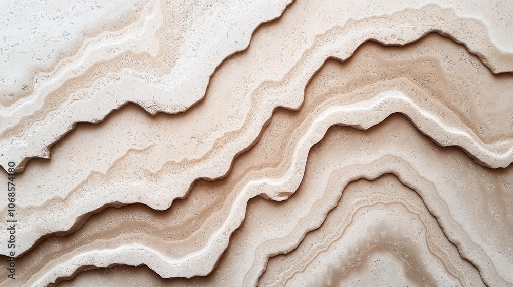 Close-up of abstract layered sandstone texture with wavy, flowing patterns in neutral beige and cream tones, resembling topographic landscape or geological formations. Close-up of abstract layered sandstone texture with wavy, flowing patterns in neutral beige and cream tones, resembling topographic landscape or geological formations.
