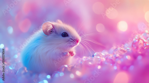 A tiny, angelic hamster in a colorful, whimsical background, with soft pastel tones accentuating its cute, angelic look. 8K Ultra HD. photo