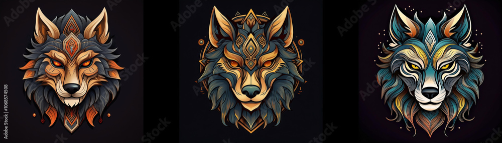 Obraz premium Three wolf head illustrations with intricate geometric patterns and glowing eyes.